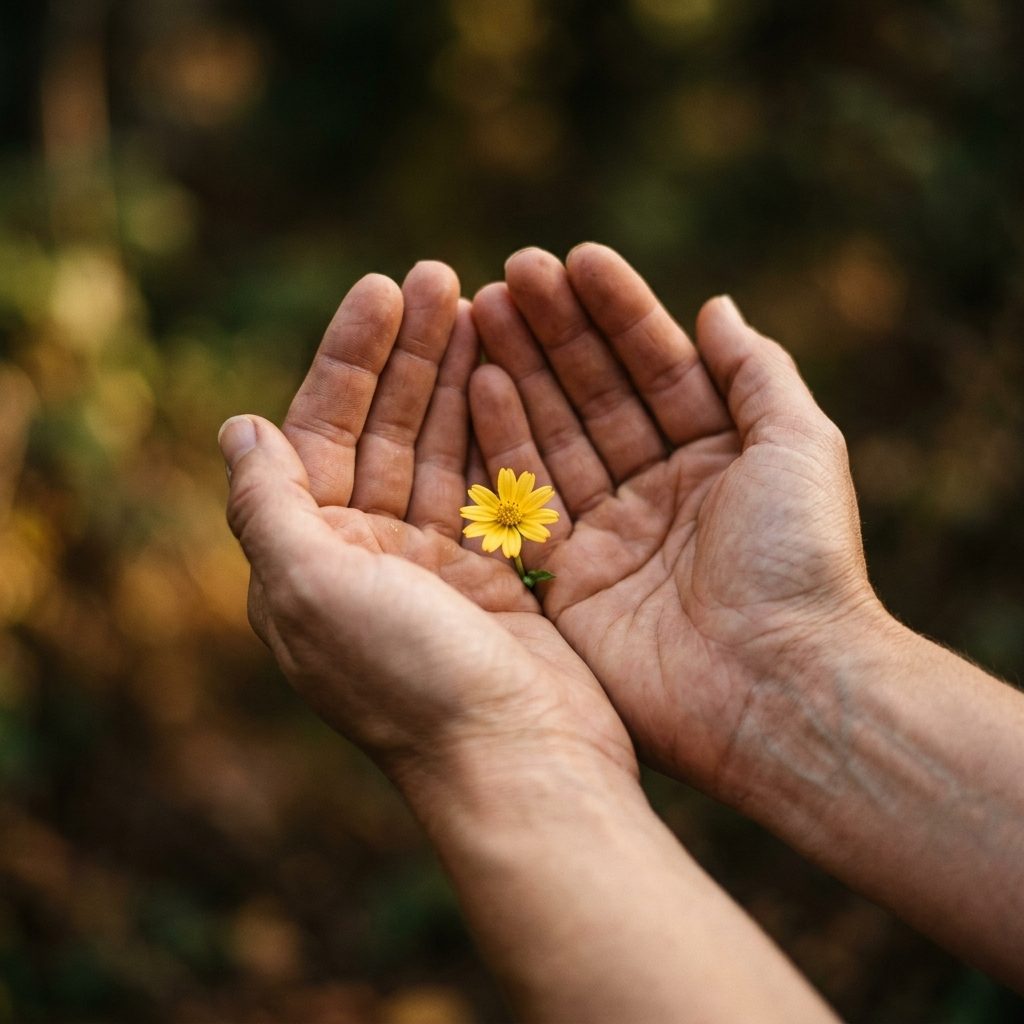 Two hands holding a single yellow flower